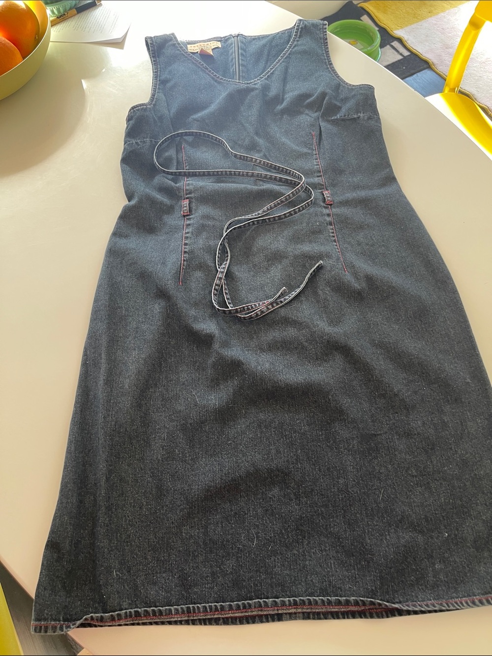 Dark Denim Sleeveless Dress with Waist Tie